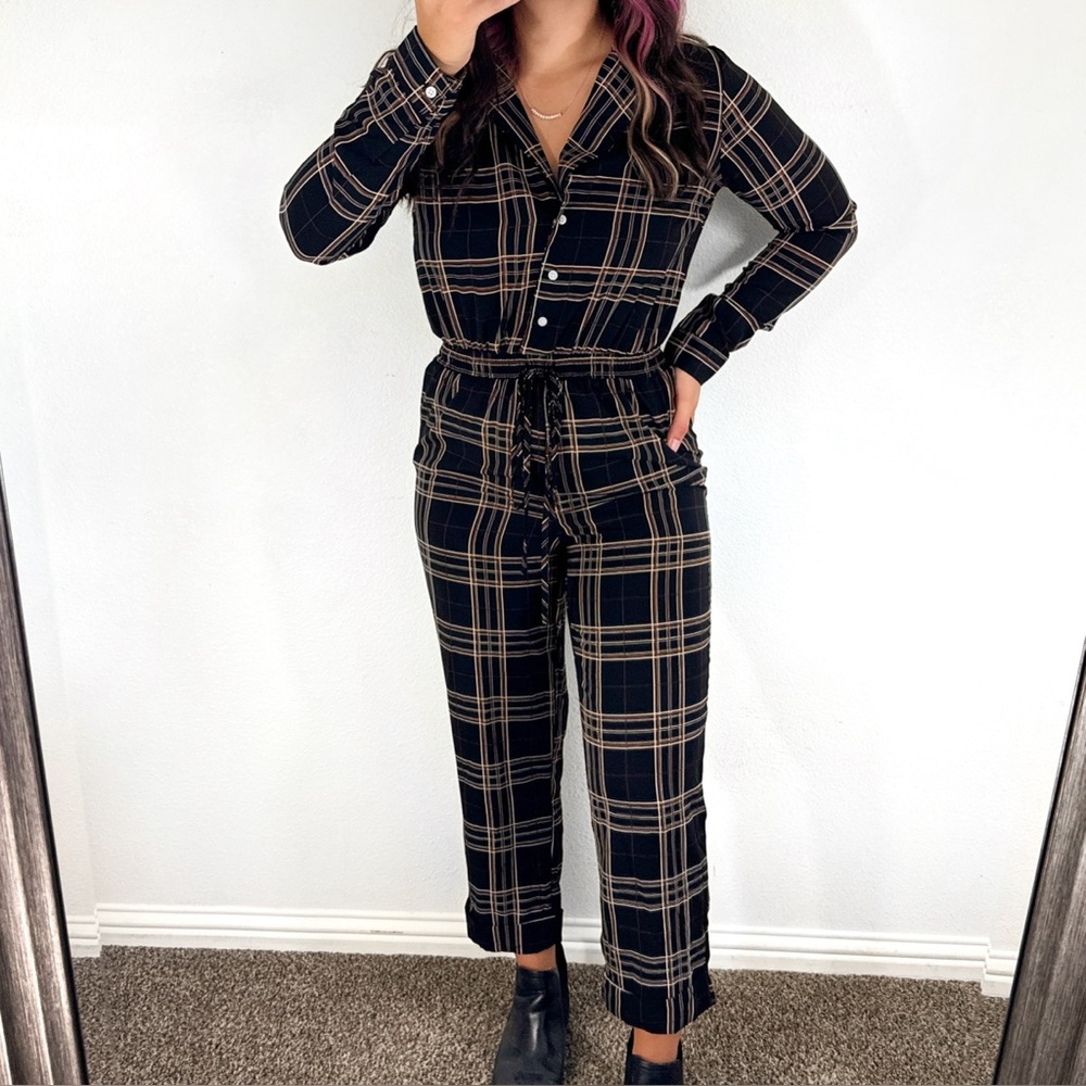 Black and brown striped plaid button down long sleeve jumpsuit